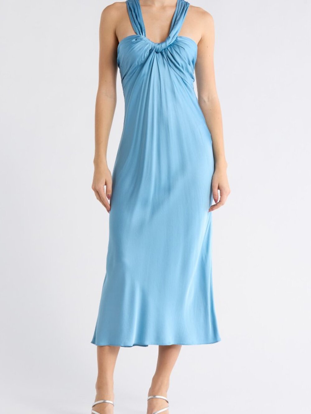 NWT A.L.C. Ivy Satin Midi Dress Blue Lagoon Twist Halter Size 2